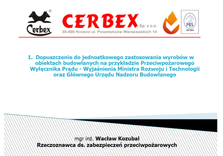 Prezentacja po&nbsp;webinarium- Dopuszczenie do&nbsp;jednostkowego zastosowania Przeciwpożarowego Wyłącznika Prądu 